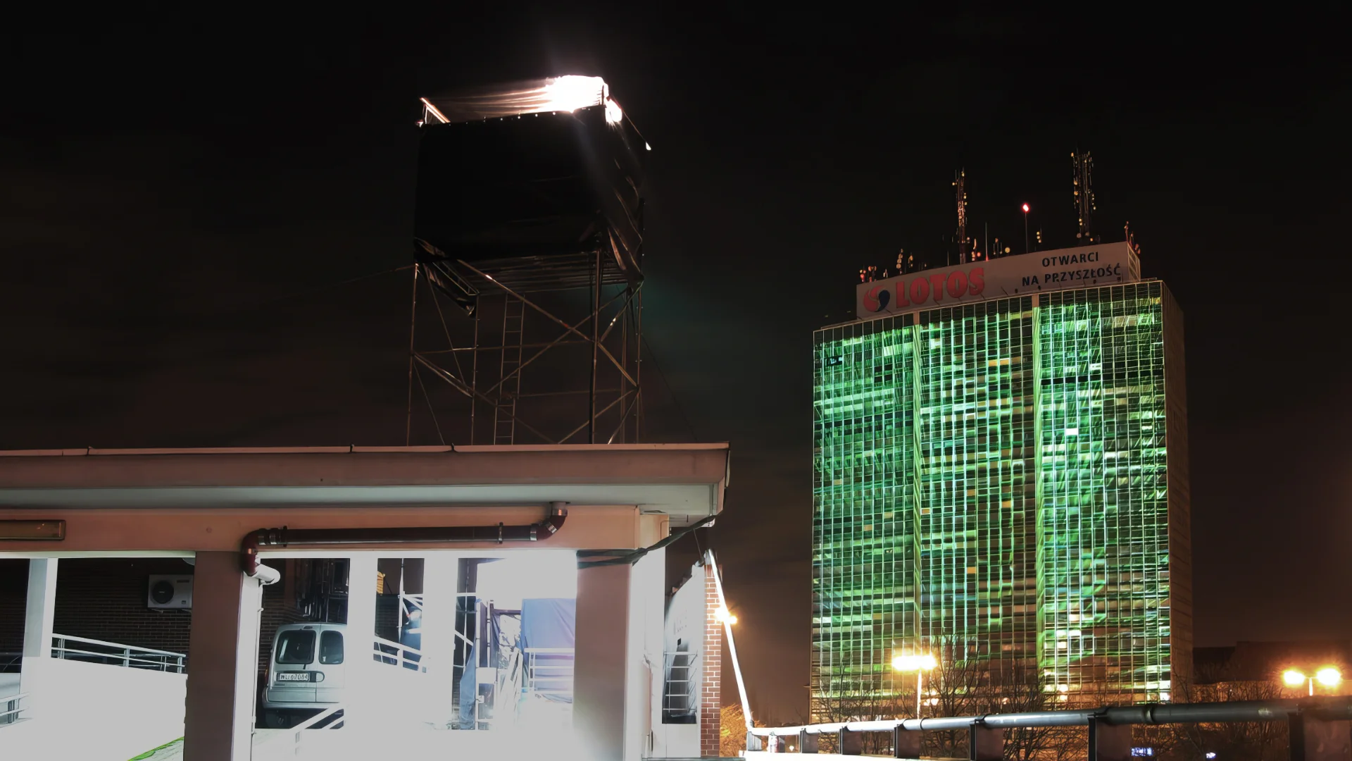The installation and projection tower seen from the car park roof