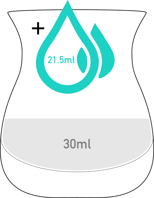 Glass diagram: 30ml cask-strength whisky at 68.5% plus 21.5ml water equals 40% ABV