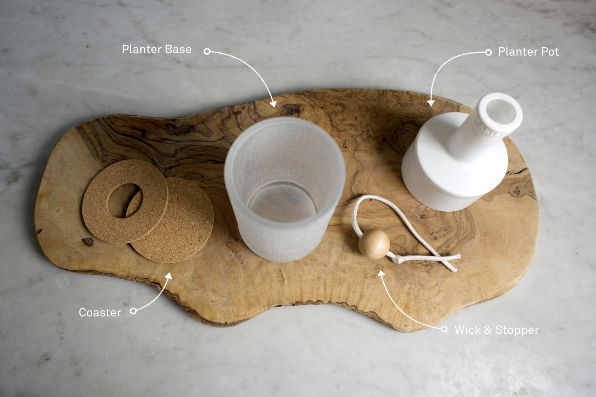 Exploded flat-lay of the herb planter cork components with labelled callouts