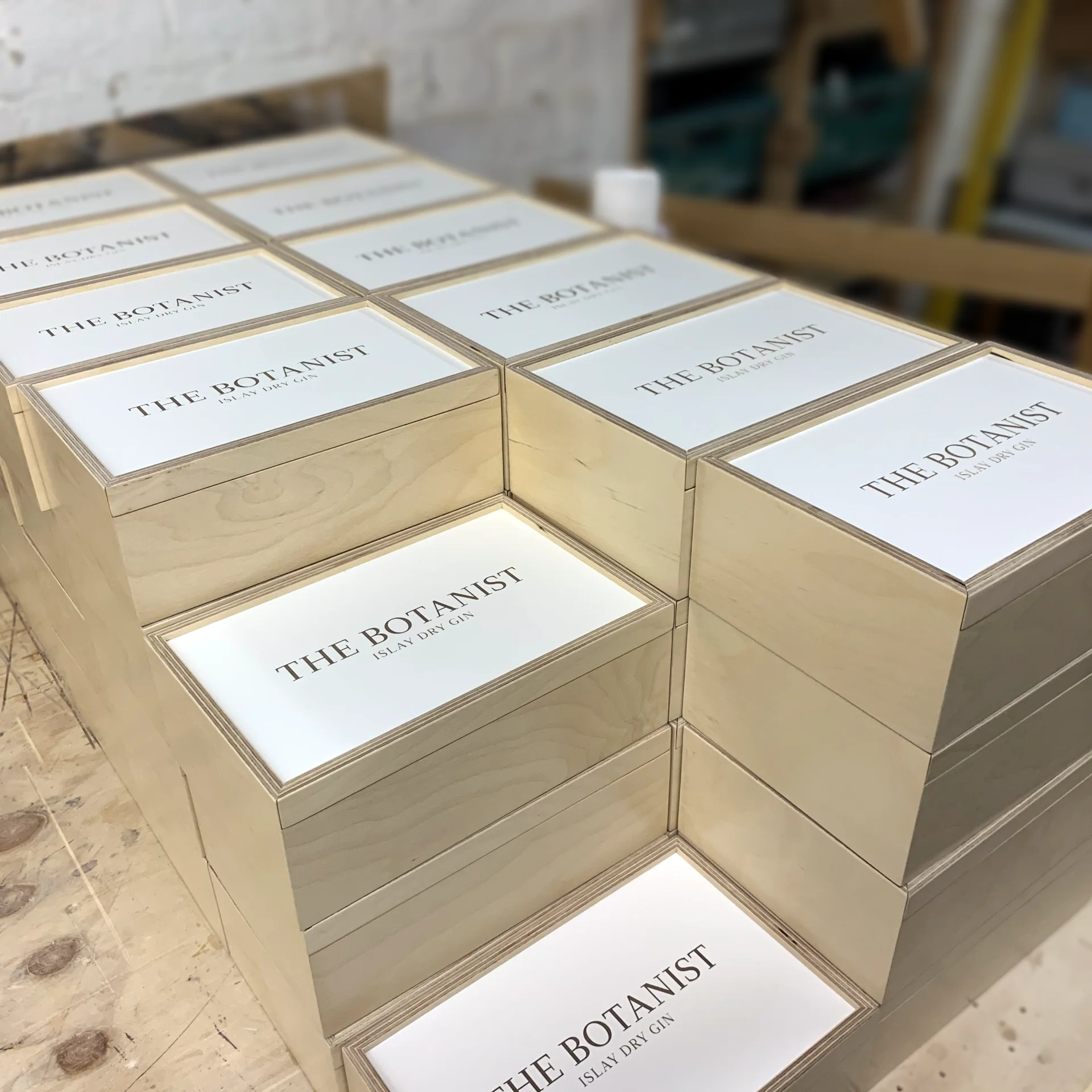 Finished tincture boxes stacked, ready for distribution